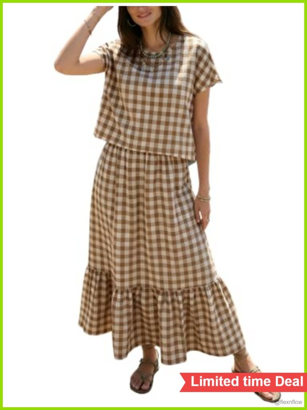 Gingham Two Piece Skirt Set Short Sleeve Tiered Midi Skirt